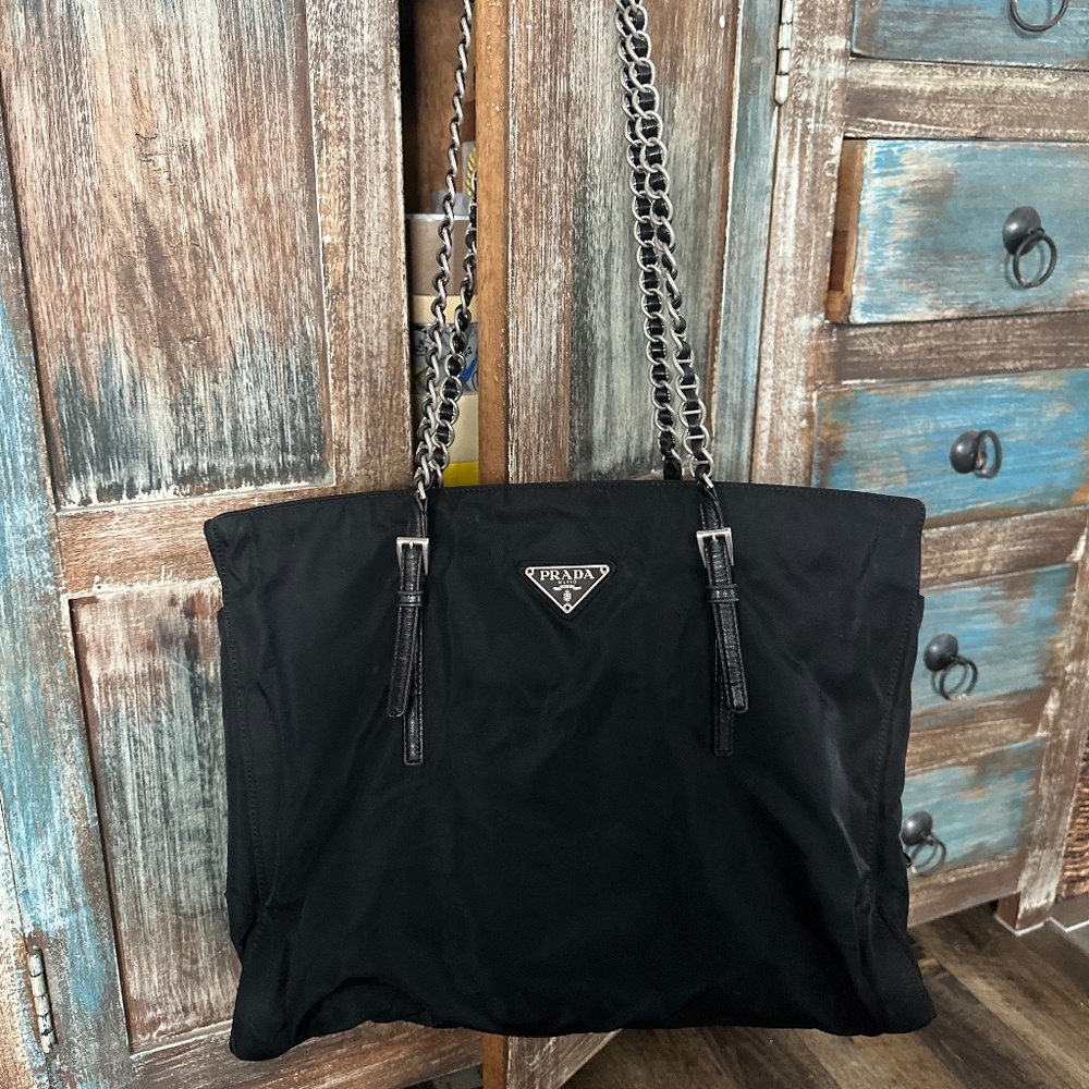 VINTAGE PRADA CHAIN HANDLE TOTE HANDBAG NYLON VELA PURSE